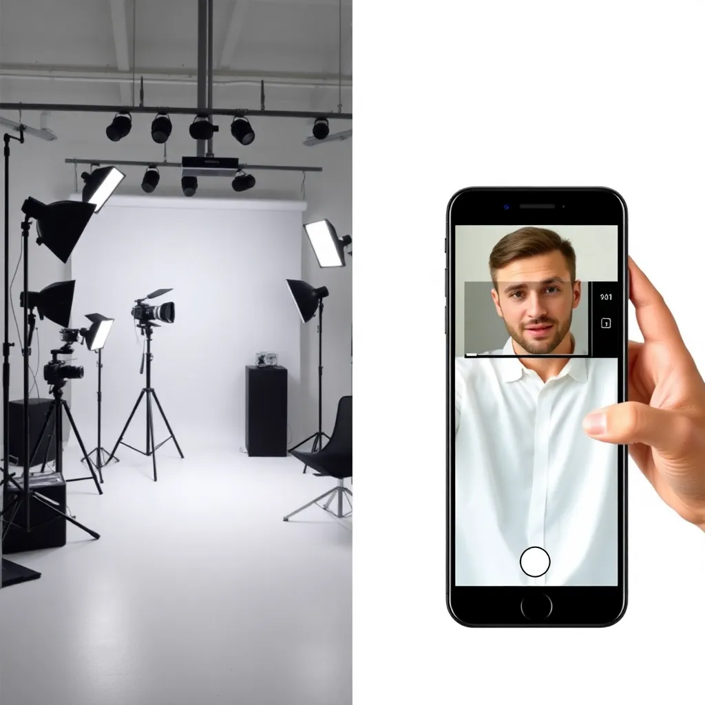 Comparison between traditional photography studio and AI headshot generator on phone