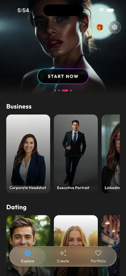 SelfAI AI photo studio app showing business headshot styles