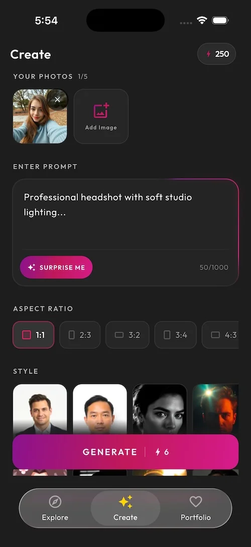 SelfAI AI photo studio creation screen with prompt and style options