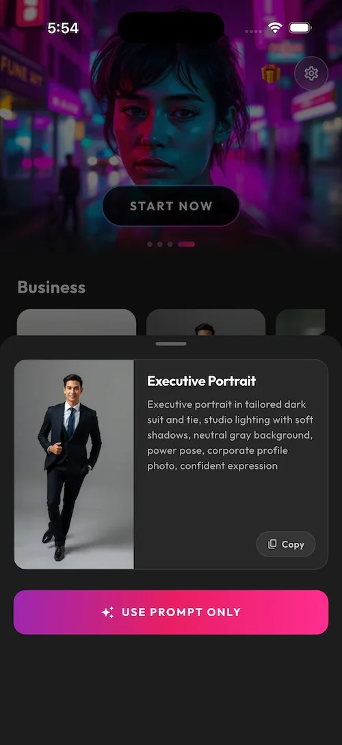 SelfAI AI portrait generator executive portrait style preview